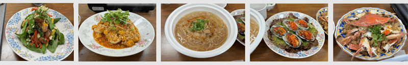 豆乳台灣鹹酥 (左一) 與老皮嫩肉淋鮮魚 (左二) 與 寶島蚵仔麵線 (中) 與五味小鮑魚 (右二) 與 紅蟳米糕 (右一)