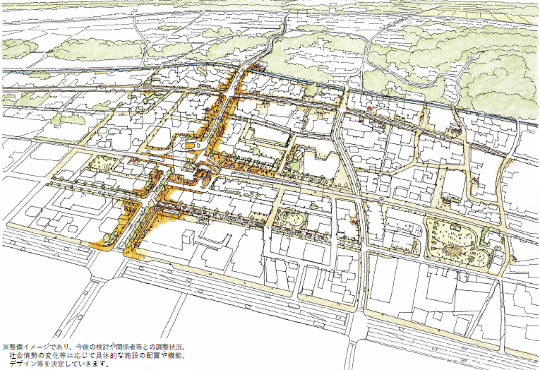 大津町基於城鎮建設要點提出為實現未來藍圖所需的行動構想（示意圖）(圖\肥後大津駅周辺まちづくり基本計画)