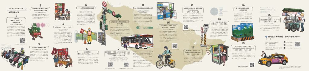 由台灣漫畫家狼七所繪製的台灣文化中心2026年摺頁，裝飾各種台灣街頭常見元素(圖/台灣文化中心提供)